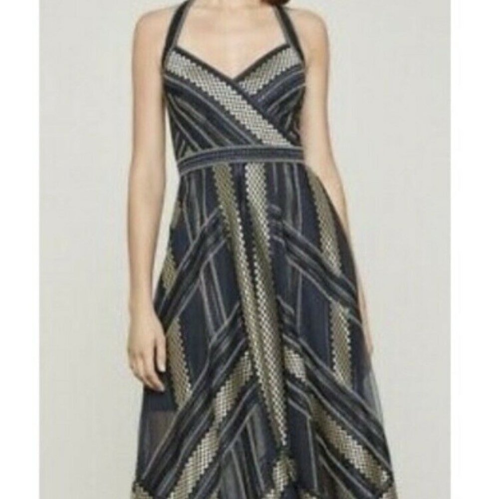 BCBGMaxAzria Navy and Gold Striped Halter Midi Dress